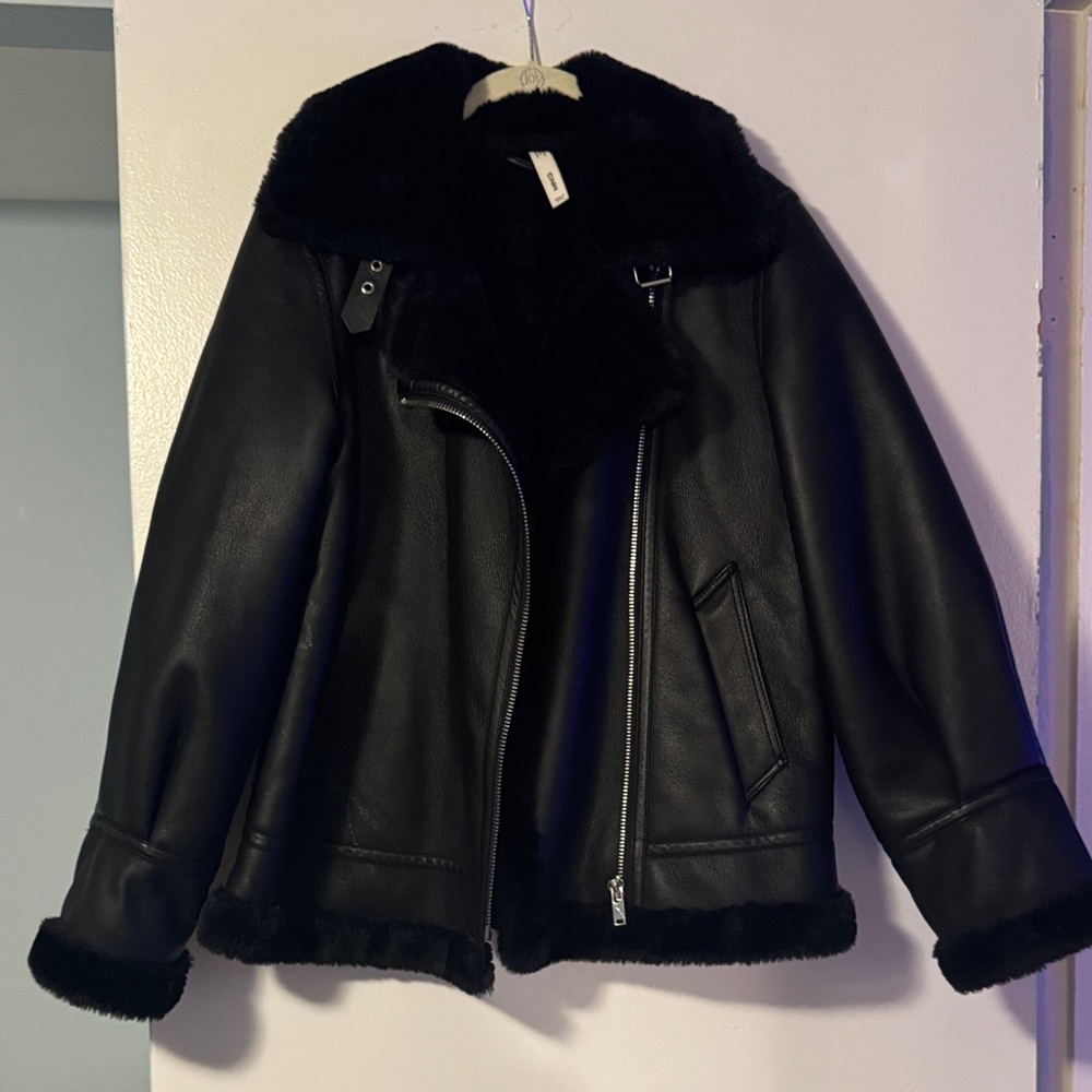 Mango Black faux-Leather Jacket with Shearling Trim